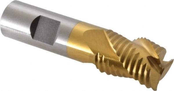 Interstate - 7/8" Diam, Coarse Pitch, 1-1/8" LOC, 3 Flute Cobalt Roughing Square End Mill - TiN Finish, 3-3/8" OAL, 3/4" Shank Diam, Single End, Centercutting - Eagle Tool & Supply