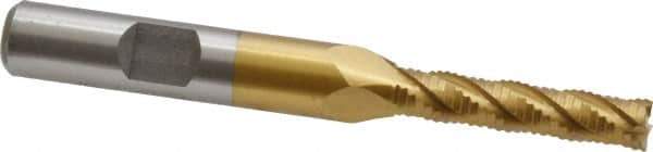 Interstate - 1/4" Diam, Fine Pitch, 1-1/8" LOC, 4 Flute Cobalt Roughing Square End Mill - TiN Finish, 3-1/8" OAL, 3/8" Shank Diam, Single End - Eagle Tool & Supply