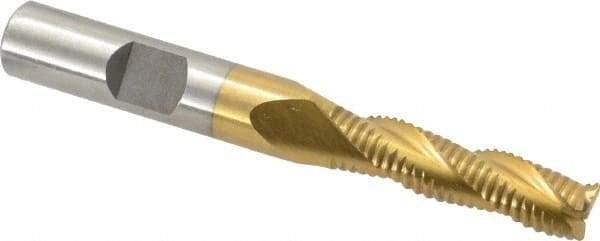 Interstate - 5/16" Diam, Fine Pitch, 1-1/8" LOC, 3 Flute Cobalt Roughing Square End Mill - TiN Finish, 2-15/16" OAL, 3/8" Shank Diam, Single End - Eagle Tool & Supply