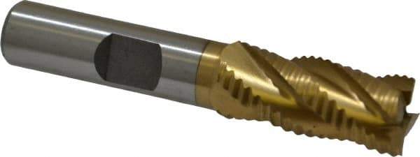 Interstate - 7/16" Diam, Fine Pitch, 1" LOC, 4 Flute Cobalt Roughing Square End Mill - TiN Finish, 2-5/16" OAL, 3/8" Shank Diam, Single End - Eagle Tool & Supply
