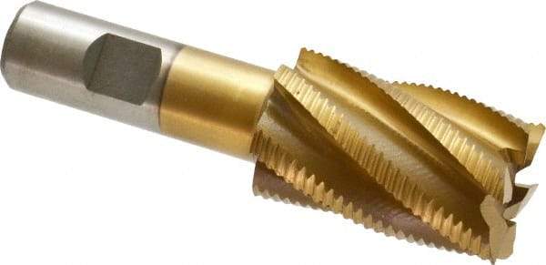 Interstate - 1-1/4" Diam, Fine Pitch, 2" LOC, 6 Flute Cobalt Roughing Square End Mill - TiN Finish, 4-1/4" OAL, 3/4" Shank Diam, Single End - Eagle Tool & Supply