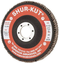 Superior Abrasives - 40 Grit, 4-1/2" Disc Diam, 7/8" Center Hole, Type 29 Zirconia Alumina Flap Disc - 13,000 Max RPM, Fiberglass Backing, Arbor Attaching System, Coated - Eagle Tool & Supply