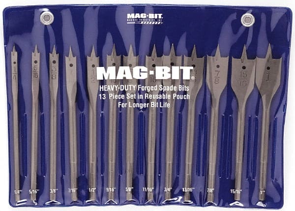 Mag-Bit - 1/4 to 1", 130° Point, Bright Finish, Carbon Steel Spade Drill Bit Set - Eagle Tool & Supply