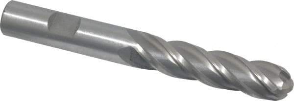 Interstate - 1/2" Diam, 2" LOC, 4 Flute High Speed Steel Ball End Mill - Uncoated, Single End, 4" OAL, 1/2" Shank Diam, Spiral Flute - Eagle Tool & Supply
