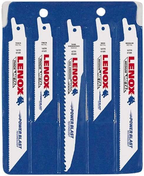 Lenox - 5 Piece, 4" to 6" Long x 0.035" to 0.05" Thick, Bi-Metal Reciprocating Saw Blade Set - Tapered Profile, 6 to 18 Teeth per Inch, Toothed Edge - Eagle Tool & Supply