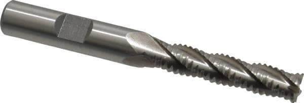 Interstate - 5/16" Diam, Coarse Pitch, 1-3/8" LOC, 4 Flute Cobalt Roughing Square End Mill - Uncoated, 3-1/8" OAL, 3/8" Shank Diam, Single End, Centercutting - Eagle Tool & Supply