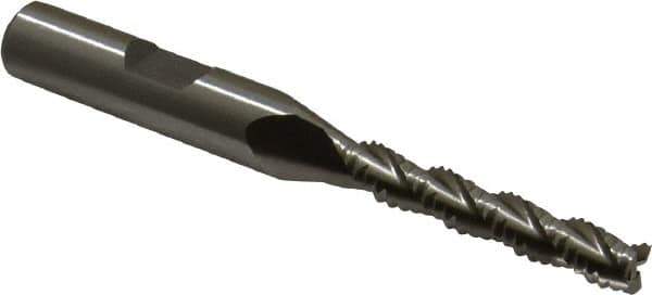 Interstate - 1/4" Diam, Coarse Pitch, 1-3/8" LOC, 3 Flute Cobalt Roughing Square End Mill - Uncoated, 3-1/8" OAL, 3/8" Shank Diam, Single End, Centercutting - Eagle Tool & Supply