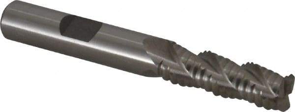 Interstate - 3/8" Diam, Coarse Pitch, 1-1/8" LOC, 3 Flute Cobalt Roughing Square End Mill - Uncoated, 2-13/16" OAL, 3/8" Shank Diam, Single End, Centercutting - Eagle Tool & Supply