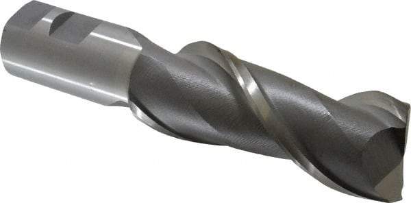 Interstate - 1-1/2", 4" LOC, 1-1/4" Shank Diam, 6-1/2" OAL, 2 Flute, High Speed Steel Square End Mill - Single End, Uncoated, Spiral Flute, Centercutting, Right Hand Cut, Right Hand Flute - Eagle Tool & Supply