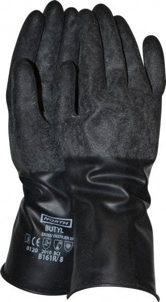 North - Size M (8), 11" Long, 16 mil Thick, Butyl Chemical Resistant Gloves - Textured Finish, Rolled Cuff, Black - Eagle Tool & Supply