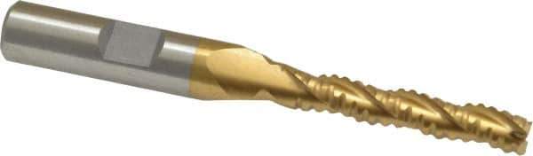Interstate - 1/4" Diam, 1-3/8" LOC, 3 Flute Cobalt Roughing & Finishing Square End Mill - TiN Finish, 3-1/8" OAL, 3/8" Shank Diam, Weldon Shank, 30° Helix, Non-Centercutting - Eagle Tool & Supply