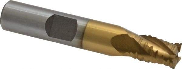 Interstate - 5/16" Diam, 7/16" LOC, 4 Flute Cobalt Roughing & Finishing Square End Mill - TiN Finish, 2-3/16" OAL, 3/8" Shank Diam, Weldon Shank, 30° Helix, Non-Centercutting - Eagle Tool & Supply