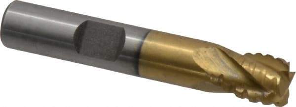 Interstate - 3/8" Diam, 7/16" LOC, 4 Flute Cobalt Roughing & Finishing Square End Mill - TiN Finish, 2-3/16" OAL, 3/8" Shank Diam, Weldon Shank, 30° Helix, Non-Centercutting - Eagle Tool & Supply