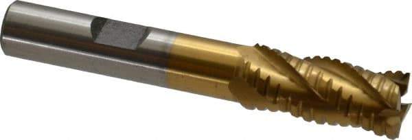 Interstate - 7/16" Diam, 1" LOC, 4 Flute Cobalt Roughing & Finishing Square End Mill - TiN Finish, 2-11/16" OAL, 3/8" Shank Diam, Weldon Shank, 30° Helix, Non-Centercutting - Eagle Tool & Supply