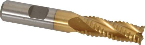 Interstate - 15/32" Diam, 1-1/4" LOC, 4 Flute Cobalt Roughing & Finishing Square End Mill - TiN Finish, 3-1/4" OAL, 1/2" Shank Diam, Weldon Shank, 30° Helix, Non-Centercutting - Eagle Tool & Supply