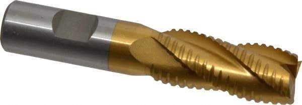 Interstate - 13/16" Diam, 1-7/8" LOC, 4 Flute Cobalt Roughing & Finishing Square End Mill - TiN Finish, 4-1/8" OAL, 3/4" Shank Diam, Weldon Shank, 30° Helix, Non-Centercutting - Eagle Tool & Supply