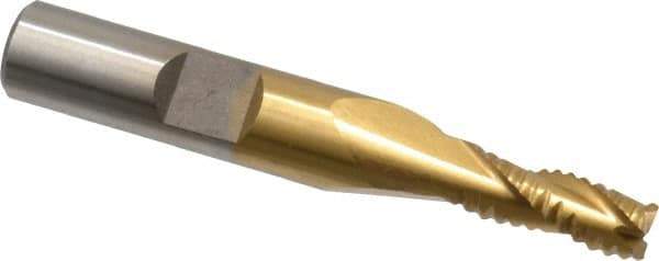 Interstate - 1/4" Diam, Coarse Pitch, 5/8" LOC, 3 Flute Cobalt Roughing Square End Mill - TiN Finish, 2-7/16" OAL, 3/8" Shank Diam, Single End, Centercutting - Eagle Tool & Supply