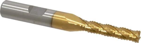 Interstate - 1/4" Diam, Coarse Pitch, 1-1/8" LOC, 4 Flute Cobalt Roughing Square End Mill - TiN Finish, 2-15/16" OAL, 3/8" Shank Diam, Single End, Centercutting - Eagle Tool & Supply