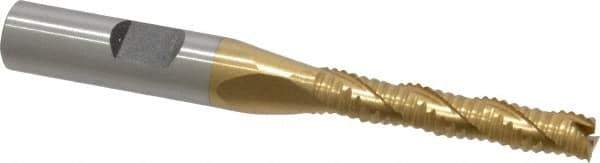 Interstate - 1/4" Diam, Coarse Pitch, 1-3/8" LOC, 3 Flute Cobalt Roughing Square End Mill - TiN Finish, 3-1/8" OAL, 3/8" Shank Diam, Single End, Centercutting - Eagle Tool & Supply