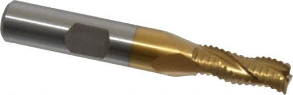 Interstate - 9/32" Diam, Coarse Pitch, 3/4" LOC, 3 Flute Cobalt Roughing Square End Mill - TiN Finish, 2-1/2" OAL, 3/8" Shank Diam, Single End, Centercutting - Eagle Tool & Supply