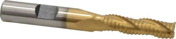 Interstate - 5/16" Diam, Coarse Pitch, 1-1/8" LOC, 3 Flute Cobalt Roughing Square End Mill - TiN Finish, 2-15/16" OAL, 3/8" Shank Diam, Single End, Centercutting - Eagle Tool & Supply