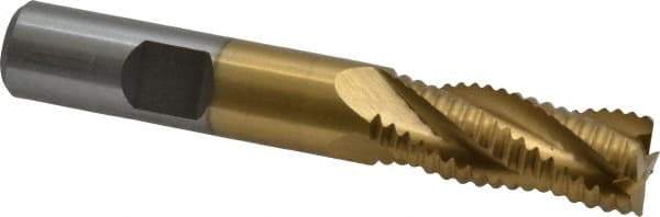 Interstate - 1/2" Diam, Coarse Pitch, 1-1/4" LOC, 4 Flute Cobalt Roughing Square End Mill - TiN Finish, 3-1/4" OAL, 1/2" Shank Diam, Single End, Centercutting - Eagle Tool & Supply