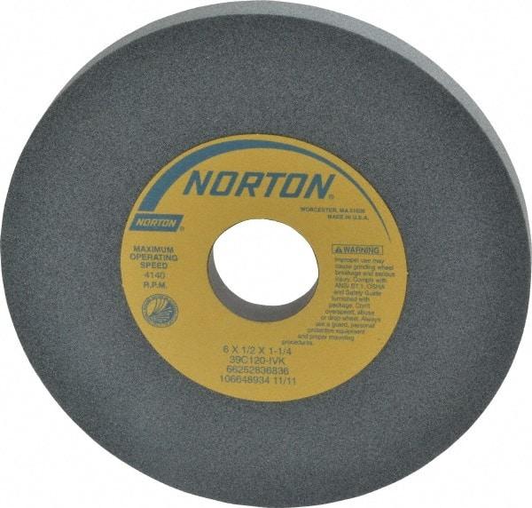 Norton - 6" Diam x 1-1/4" Hole x 1/2" Thick, I Hardness, 120 Grit Surface Grinding Wheel - Silicon Carbide, Type 1, Fine Grade, 4,140 Max RPM, Vitrified Bond, No Recess - Eagle Tool & Supply