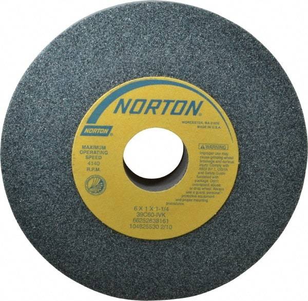 Norton - 6" Diam x 1-1/4" Hole x 1" Thick, I Hardness, 60 Grit Surface Grinding Wheel - Silicon Carbide, Type 1, Medium Grade, 4,140 Max RPM, Vitrified Bond, No Recess - Eagle Tool & Supply
