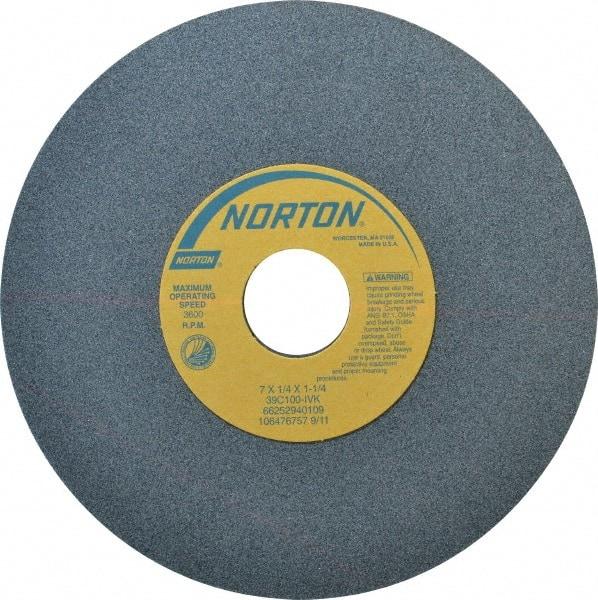 Norton - 7" Diam x 1-1/4" Hole x 1/4" Thick, I Hardness, 100 Grit Surface Grinding Wheel - Silicon Carbide, Type 1, Fine Grade, 3,600 Max RPM, Vitrified Bond, No Recess - Eagle Tool & Supply