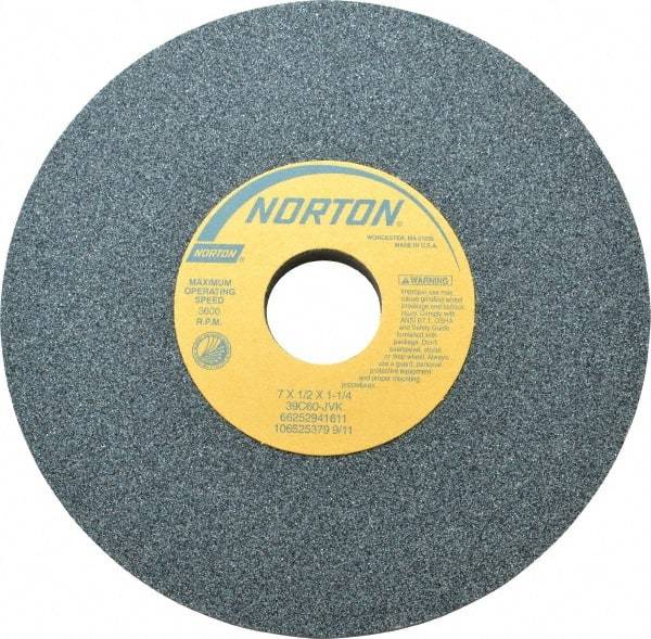 Norton - 7" Diam x 1-1/4" Hole x 1/2" Thick, J Hardness, 60 Grit Surface Grinding Wheel - Silicon Carbide, Type 1, Medium Grade, 3,600 Max RPM, Vitrified Bond, No Recess - Eagle Tool & Supply