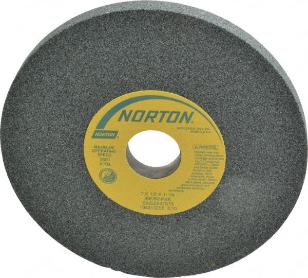 Norton - 7" Diam x 1-1/4" Hole x 1/2" Thick, K Hardness, 60 Grit Surface Grinding Wheel - Silicon Carbide, Type 1, Medium Grade, 3,600 Max RPM, Vitrified Bond, No Recess - Eagle Tool & Supply