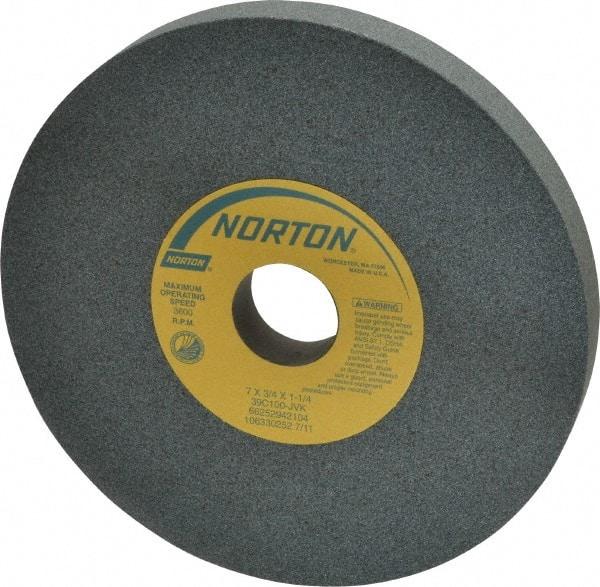 Norton - 7" Diam x 1-1/4" Hole x 3/4" Thick, J Hardness, 100 Grit Surface Grinding Wheel - Silicon Carbide, Type 1, Fine Grade, 3,600 Max RPM, Vitrified Bond, No Recess - Eagle Tool & Supply