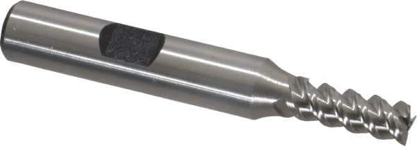 Interstate - 1/4" Diam, 5/8" LOC, 3 Flute Cobalt Roughing & Finishing Square End Mill - Uncoated, 2-7/16" OAL, 3/8" Shank Diam, Weldon Shank, 60° Helix, Centercutting, Regular Length - Eagle Tool & Supply