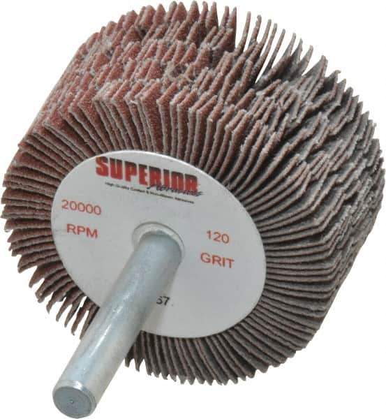 Superior Abrasives - 2" Diam x 1" Face Width, Fine Aluminum Oxide Coated Mounted Flap Wheel - 1/4" Shank Mount, 120 Grit, J Weighted Cloth Backing, 14,000 Max RPM - Eagle Tool & Supply