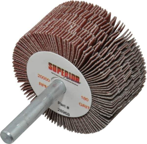 Superior Abrasives - 2" Diam x 1" Face Width, Very Fine Aluminum Oxide Coated Mounted Flap Wheel - 1/4" Shank Mount, 180 Grit, J Weighted Cloth Backing, 14,000 Max RPM - Eagle Tool & Supply