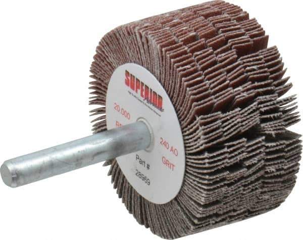Superior Abrasives - 2" Diam x 1" Face Width, Very Fine Aluminum Oxide Coated Mounted Flap Wheel - 1/4" Shank Mount, 240 Grit, J Weighted Cloth Backing, 14,000 Max RPM - Eagle Tool & Supply