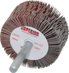 Superior Abrasives - 2" Diam x 1" Face Width, Extra Fine Aluminum Oxide Coated Mounted Flap Wheel - 1/4" Shank Mount, 320 Grit, J Weighted Cloth Backing, 14,000 Max RPM - Eagle Tool & Supply