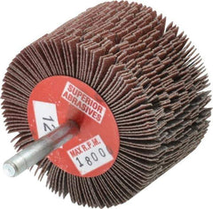Superior Abrasives - 2-1/2" Diam x 1-1/2" Face Width, Fine Aluminum Oxide Coated Mounted Flap Wheel - 1/4" Shank Mount, 120 Grit, J Weighted Cloth Backing, 9,000 Max RPM - Eagle Tool & Supply