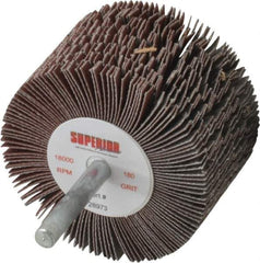 Superior Abrasives - 2-1/2" Diam x 1-1/2" Face Width, Very Fine Aluminum Oxide Coated Mounted Flap Wheel - 1/4" Shank Mount, 180 Grit, J Weighted Cloth Backing, 9,000 Max RPM - Eagle Tool & Supply