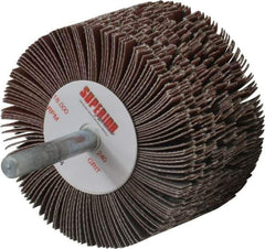 Superior Abrasives - 2-1/2" Diam x 1-1/2" Face Width, Very Fine Aluminum Oxide Coated Mounted Flap Wheel - 1/4" Shank Mount, 240 Grit, J Weighted Cloth Backing, 9,000 Max RPM - Eagle Tool & Supply