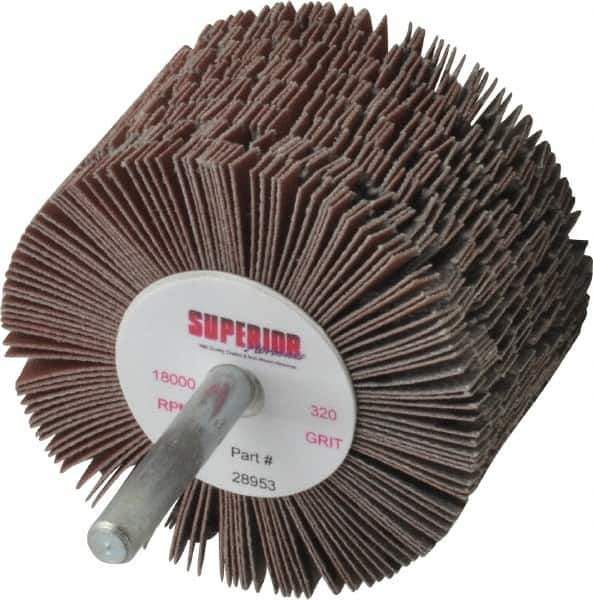 Superior Abrasives - 2-1/2" Diam x 1-1/2" Face Width, Extra Fine Aluminum Oxide Coated Mounted Flap Wheel - 1/4" Shank Mount, 320 Grit, J Weighted Cloth Backing, 9,000 Max RPM - Eagle Tool & Supply
