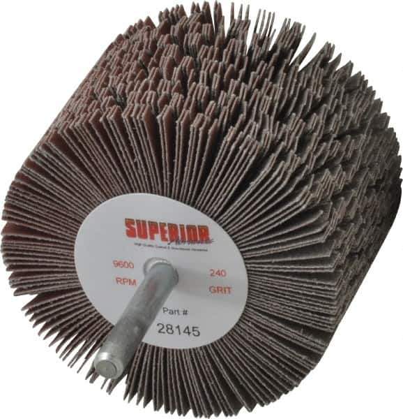 Superior Abrasives - 3" Diam x 2" Face Width, Very Fine Aluminum Oxide Coated Mounted Flap Wheel - 1/4" Shank Mount, 240 Grit, J Weighted Cloth Backing, 6,000 Max RPM - Eagle Tool & Supply