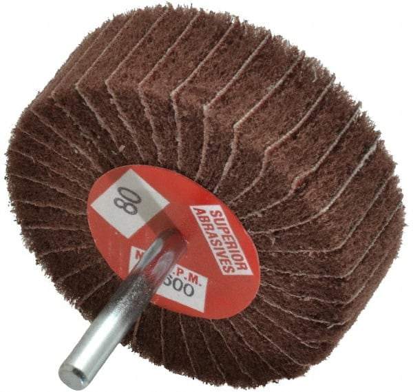 Superior Abrasives - 3" Diam x 1" Face Width, Medium Aluminum Oxide Coated Mounted Flap Wheel - 1/4" Shank Mount, 80 Grit, Interleaf, 8,000 Max RPM - Eagle Tool & Supply