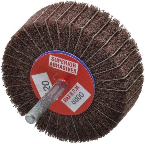 Superior Abrasives - 3" Diam x 1" Face Width, Fine Aluminum Oxide Coated Mounted Flap Wheel - 1/4" Shank Mount, 120 Grit, Interleaf, 8,000 Max RPM - Eagle Tool & Supply