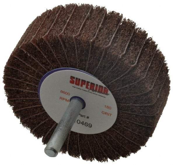 Superior Abrasives - 3" Diam x 1" Face Width, Very Fine Aluminum Oxide Coated Mounted Flap Wheel - 1/4" Shank Mount, 180 Grit, Interleaf, 8,000 Max RPM - Eagle Tool & Supply