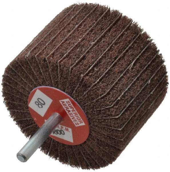 Superior Abrasives - 3" Diam x 2" Face Width, Medium Aluminum Oxide Coated Mounted Flap Wheel - 1/4" Shank Mount, 80 Grit, Interleaf, 8,000 Max RPM - Eagle Tool & Supply