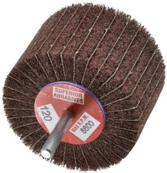 Superior Abrasives - 3" Diam x 2" Face Width, Fine Aluminum Oxide Coated Mounted Flap Wheel - 1/4" Shank Mount, 120 Grit, Interleaf, 8,000 Max RPM - Eagle Tool & Supply