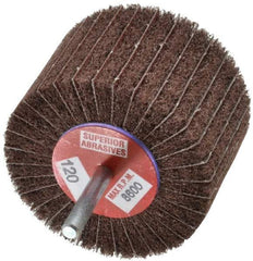 Superior Abrasives - 3" Diam x 2" Face Width, Fine Aluminum Oxide Coated Mounted Flap Wheel - 1/4" Shank Mount, 120 Grit, Interleaf, 8,000 Max RPM - Eagle Tool & Supply