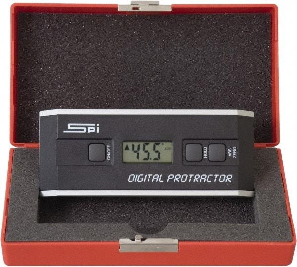 SPI - 360° Measuring Range, Dial Protractor - Accuracy Up to 0.10 at 0 -10 and 0.10 at 80 to 90°, 1.5V Battery Included - Eagle Tool & Supply