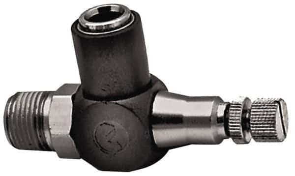 Norgren - 1/2" Tube Inlet x 1/2" NPTF Outlet Right Angle Adjustable Flow Control Valve - 5 to 150 psi, Needle Valve & Thermoplastic Material - Eagle Tool & Supply